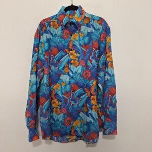 Dan Roma Linen Butterfly Floral Tropical Custom Made Button Down Shirt Size XXL